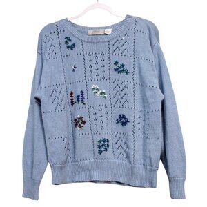 Vintage 80s 90s Sweater Size Large Floral Embroidered Knit Cottagecore Grandma